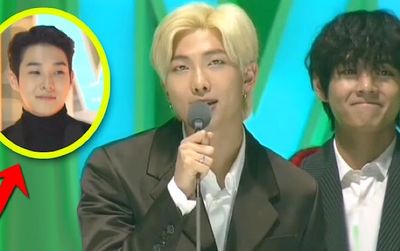 V (BTS) - Choi Woo Sik 'liếc mắt đưa tình', cố nhịn cười khi RM phát biểu trên sân khấu 'MMA 2019'