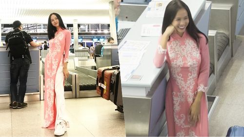 Vũ Ngọc Anh diện áo dài, mang giày thể thao lao vội ra sân bay đến Hàn Quốc làm nhiệm vụ đại sứ